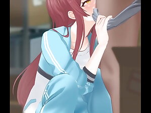 Anime Brunette sucking load of shit increased by touching herself